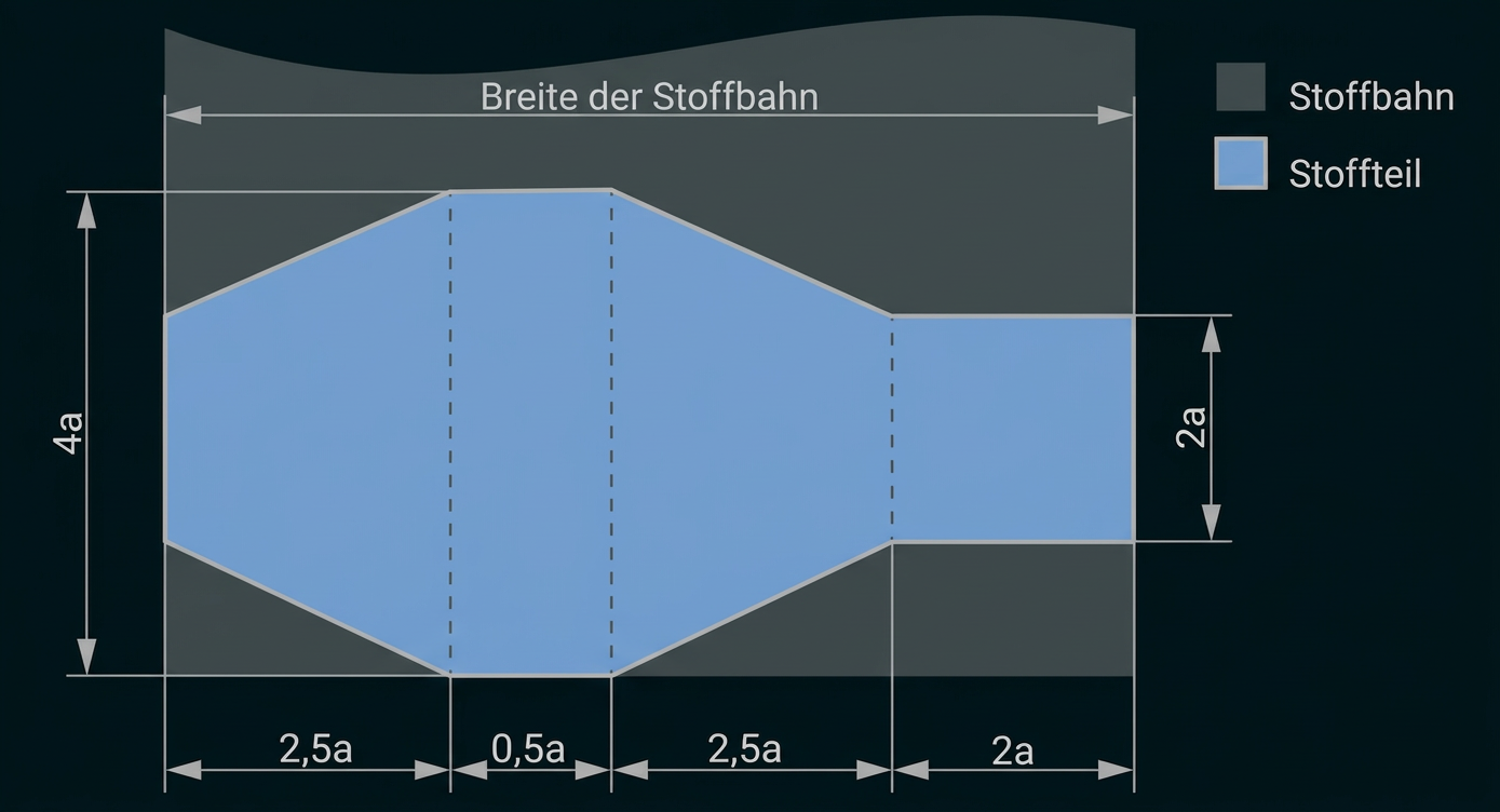 Skizze eines Stoffteils auf einer Stoffbahn mit Maßangaben.